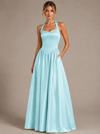 Light Yellow Halter Neck Satin A-Line Maxi Dress with Pockets