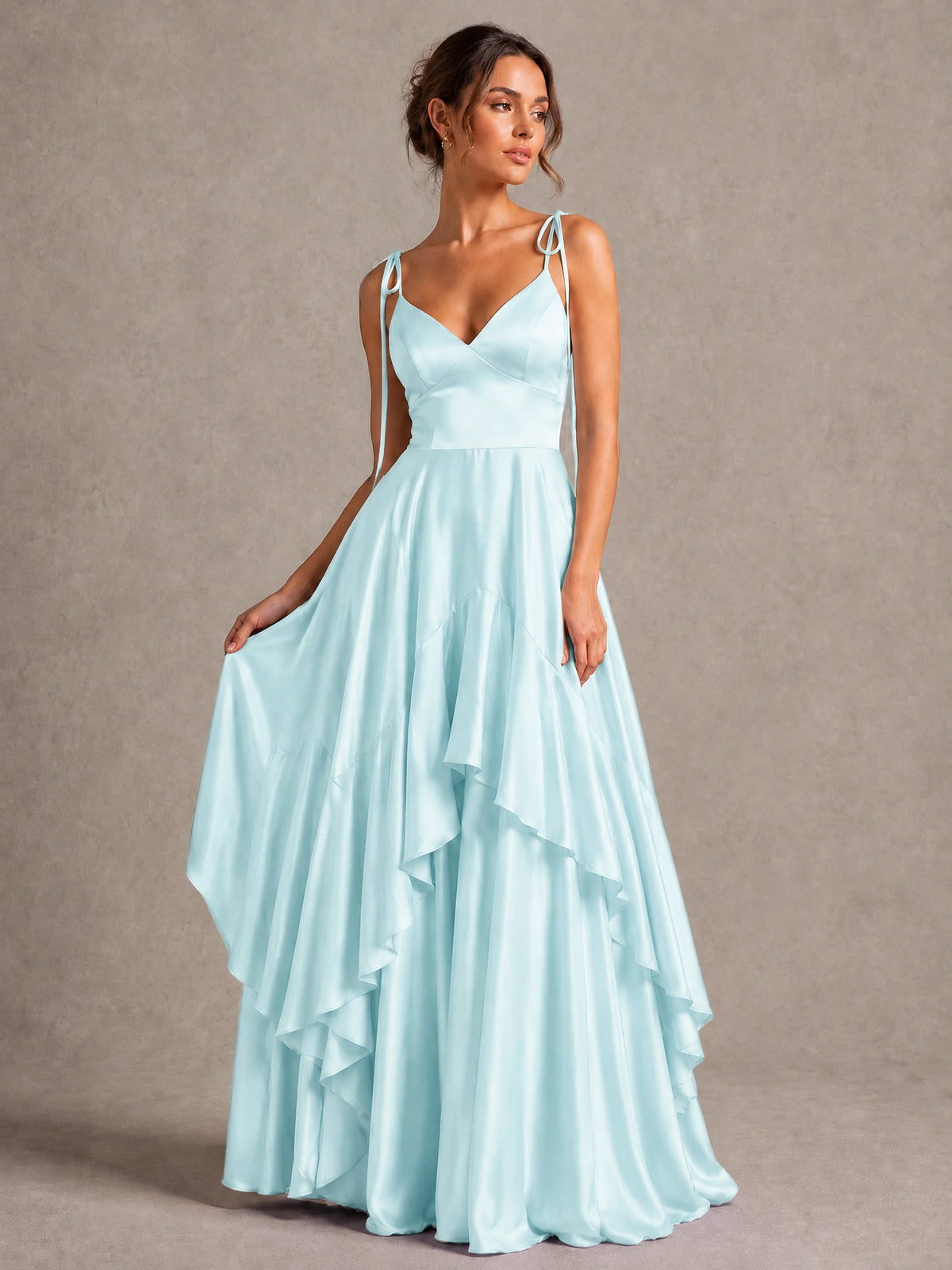 Lavender Satin V-Neck Ruffle Maxi Dress