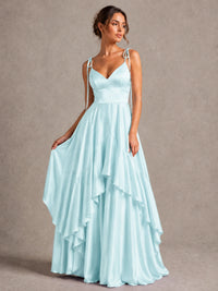 Lavender Satin V-Neck Ruffle Maxi Dress