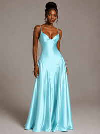 Lavender V Neck Satin Prom Dress with Spaghetti Straps