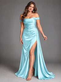 Off Shoulder Satin Maxi Dress with Slit
