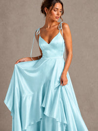 Lavender Satin V-Neck Ruffle Maxi Dress