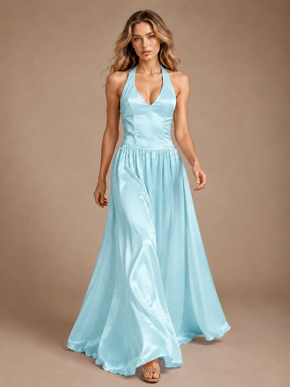 Pink V Neck Halter Satin Maxi Dress