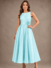 Tea-Length Satin Mother of the Bride Dress with 3D Flower Detail