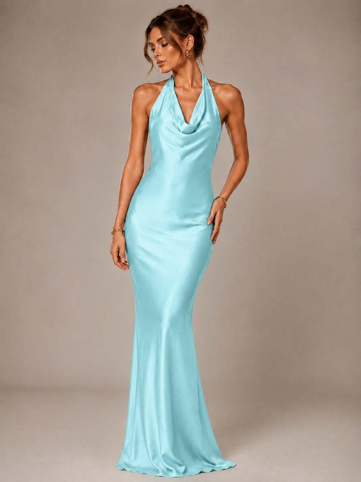 Olive Green Halter Satin Mermaid Maxi Dress