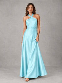 Sage Green Satin A-Line Bridesmaid Dress with Halter Neck