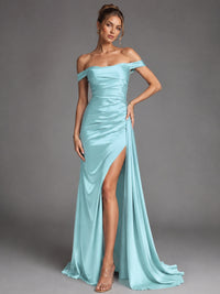 Off Shoulder Satin Maxi Dress with Slit