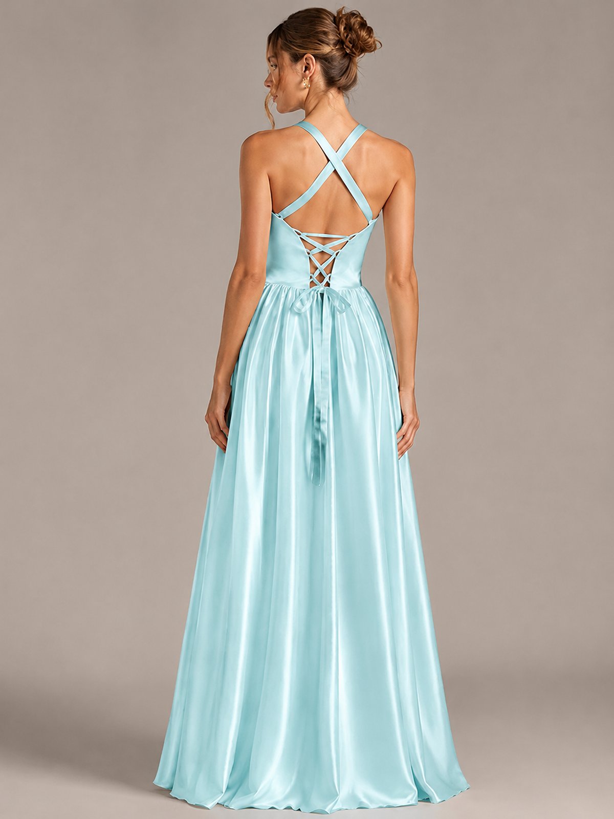 Light Yellow Halter Neck Satin A-Line Maxi Dress with Pockets