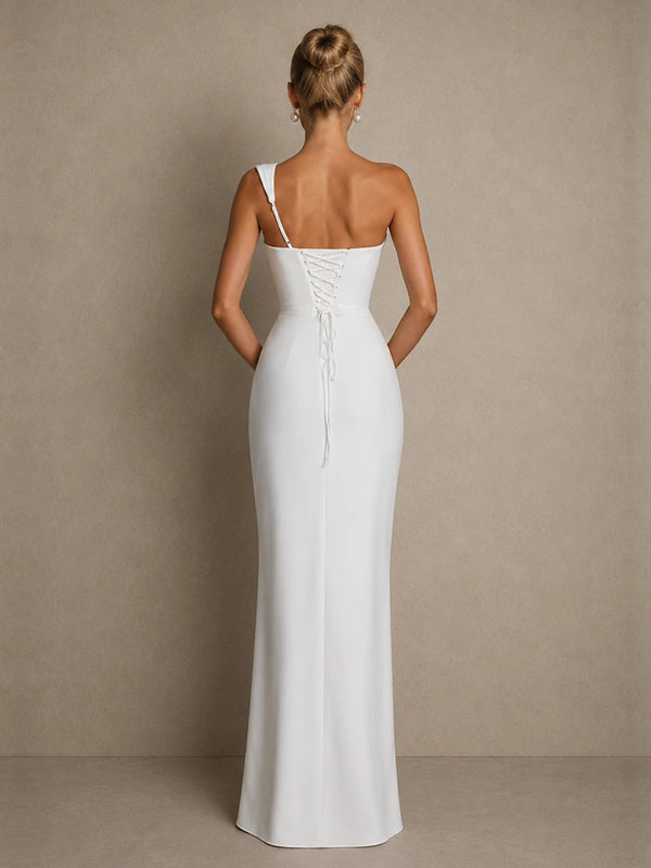Rear view of Aveline white satin mermaid wedding dress with lace-up corset back