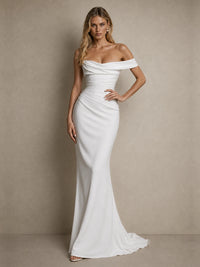 Jovellee Aveline white satin off-shoulder mermaid wedding dress with sweep train