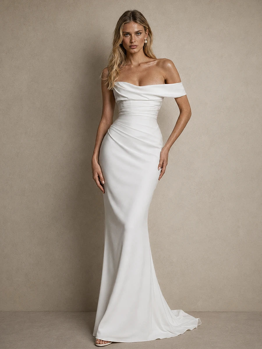 Aveline white off-shoulder satin wedding gown with ruched bodice and sweep train