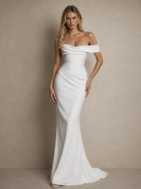 Aveline white off-shoulder satin wedding gown with ruched bodice and sweep train