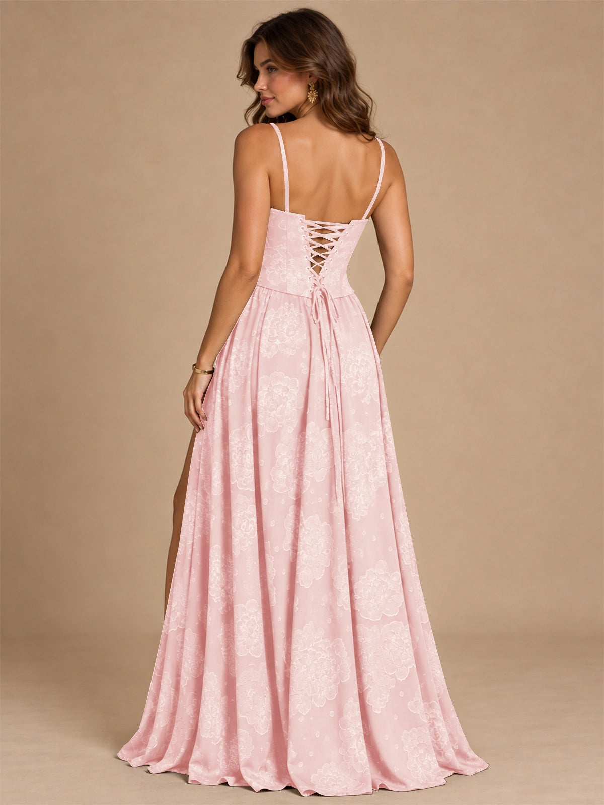 Chocolate Brown Floral Strapless Corset A-Line Evening Gown with Slit