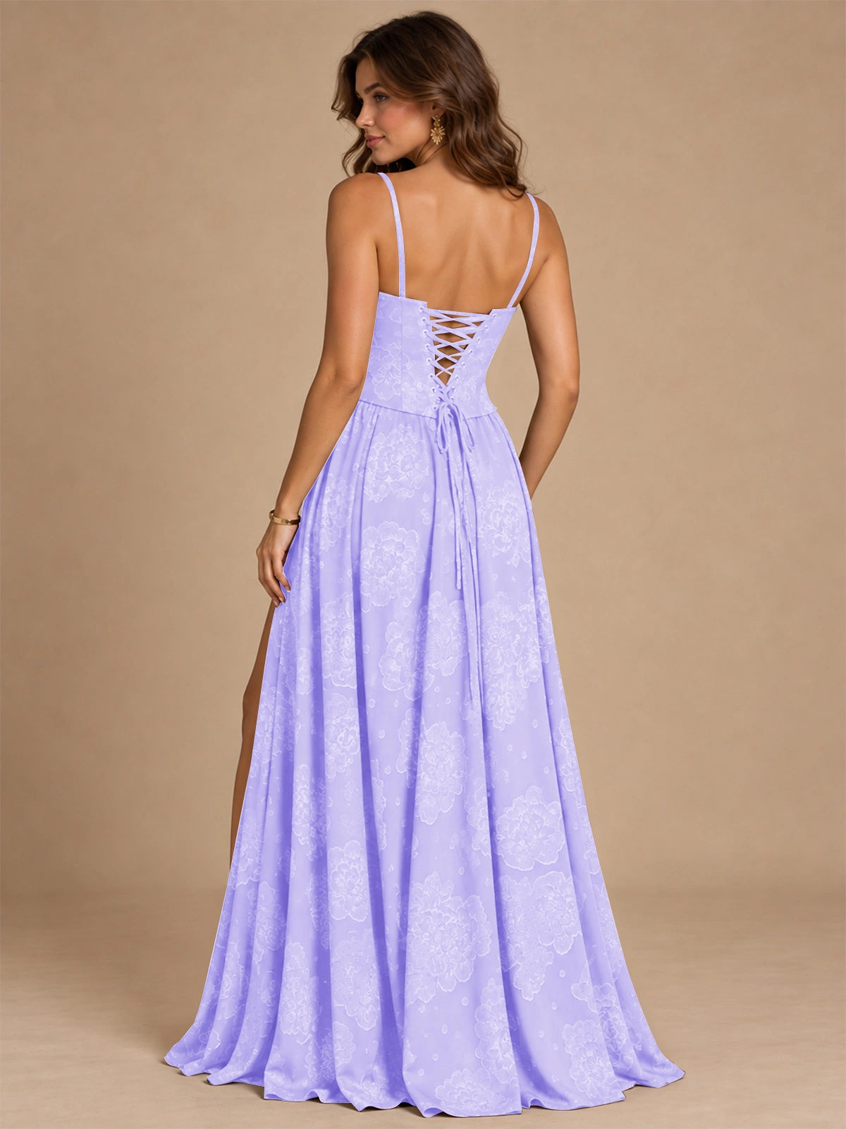 Chocolate Brown Floral Strapless Corset A-Line Evening Gown with Slit