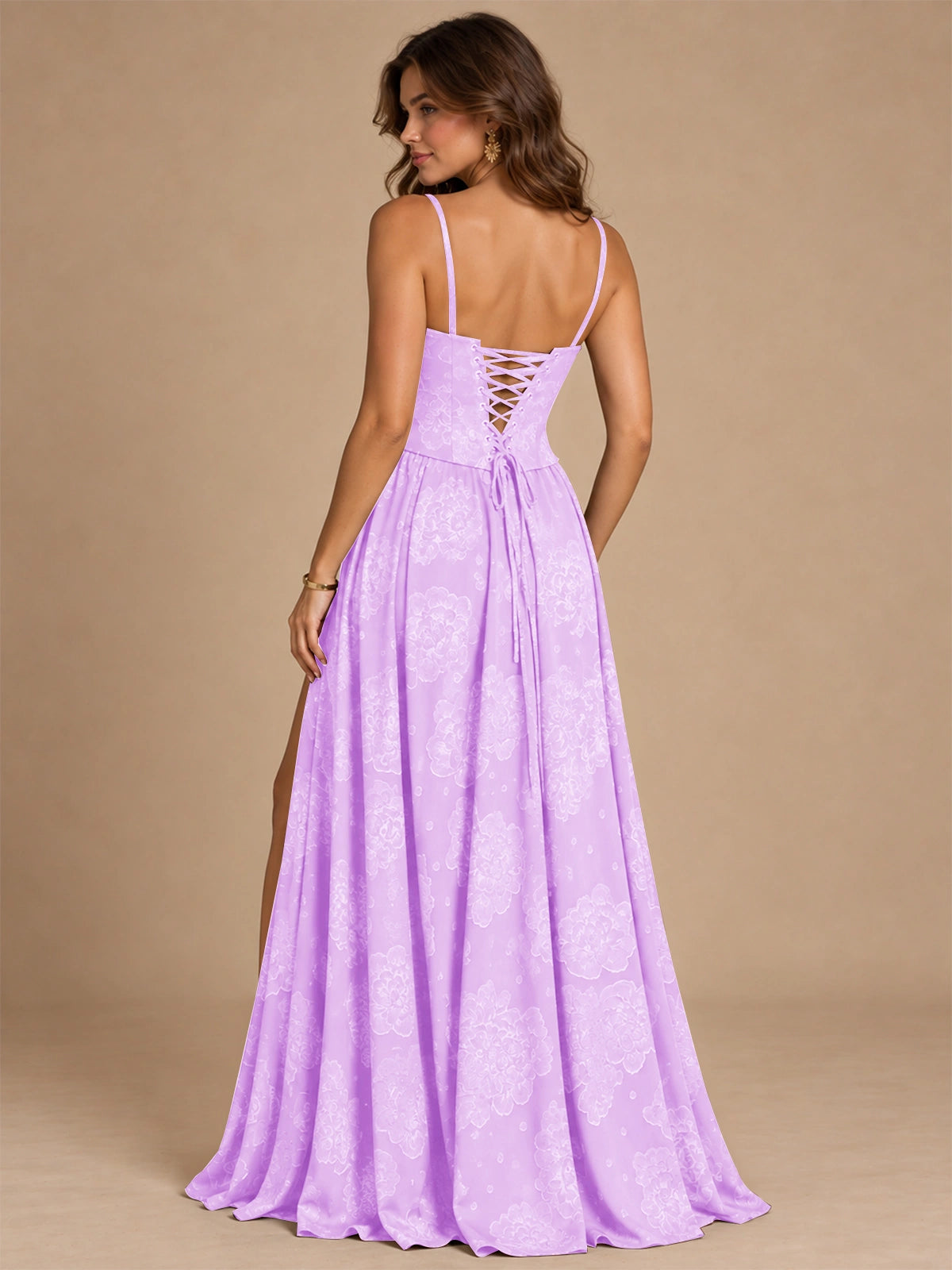 Chocolate Brown Floral Strapless Corset A-Line Evening Gown with Slit