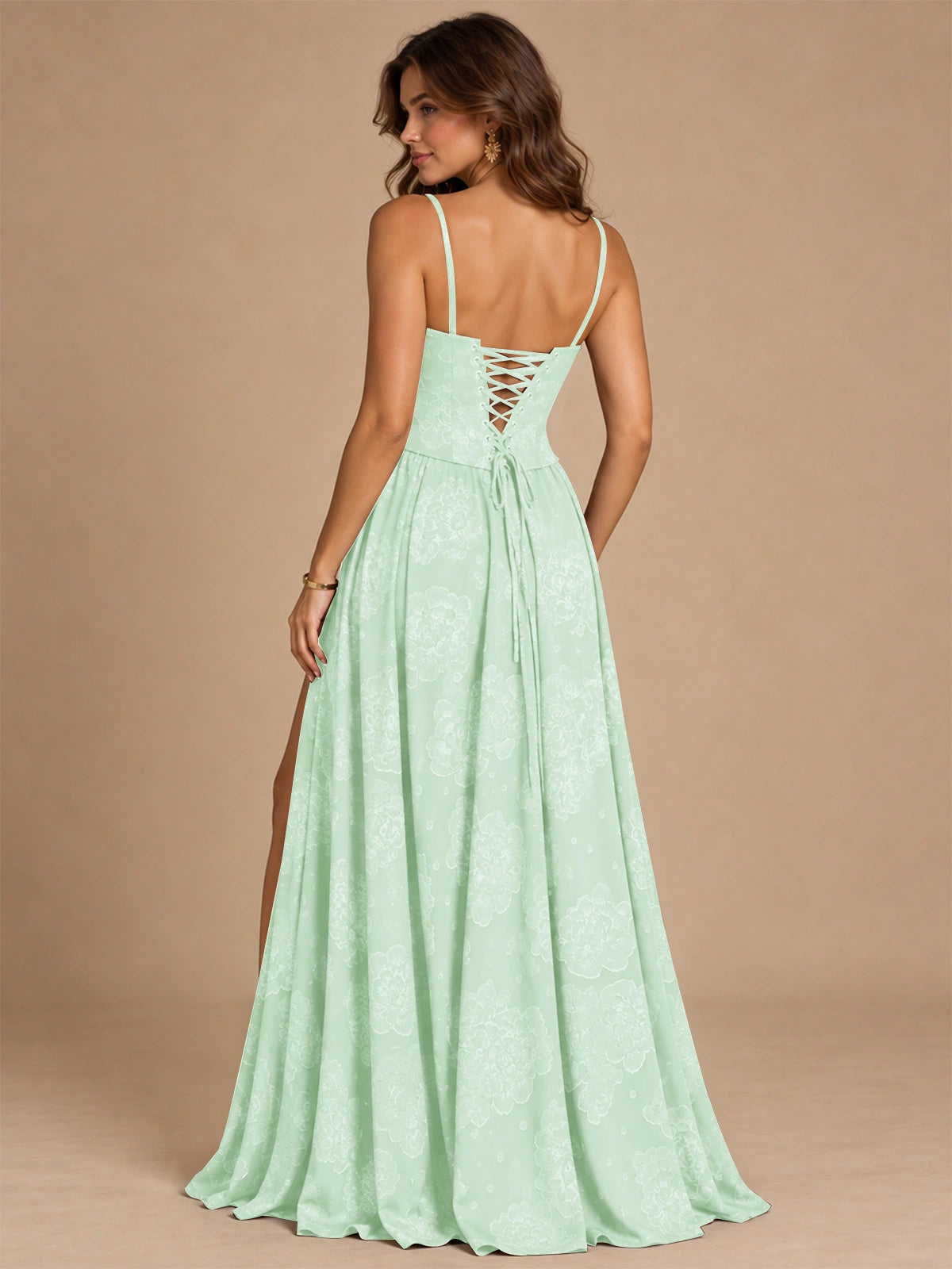 Chocolate Brown Floral Strapless Corset A-Line Evening Gown with Slit