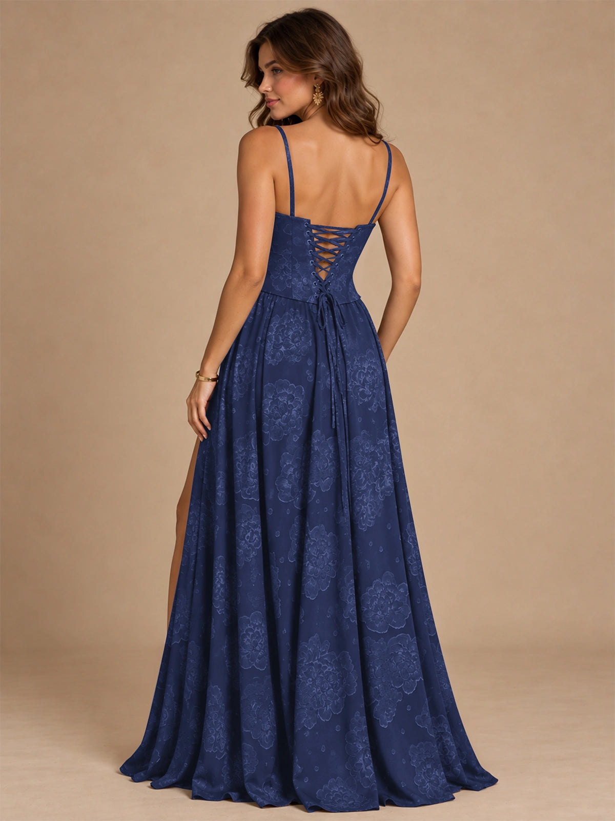 Chocolate Brown Floral Strapless Corset A-Line Evening Gown with Slit
