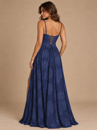 Chocolate Brown Floral Strapless Corset A-Line Evening Gown with Slit