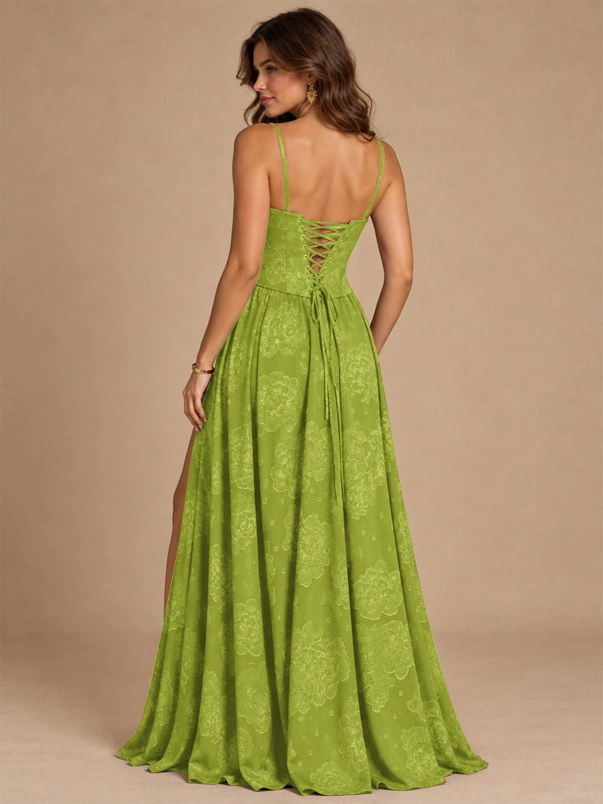 Chocolate Brown Floral Strapless Corset A-Line Evening Gown with Slit