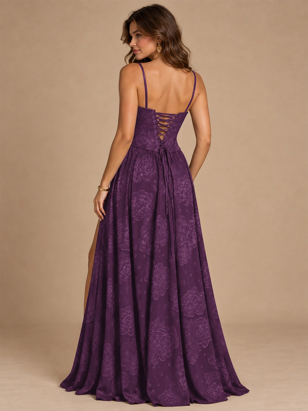 Chocolate Brown Floral Strapless Corset A-Line Evening Gown with Slit