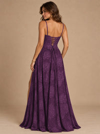 Chocolate Brown Floral Strapless Corset A-Line Evening Gown with Slit