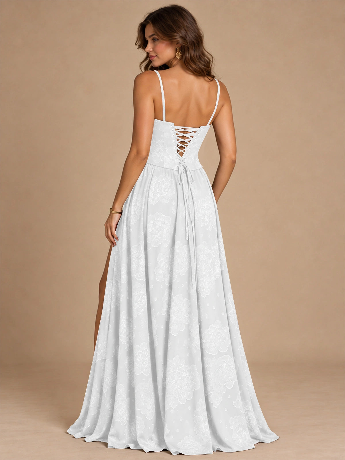 Chocolate Brown Floral Strapless Corset A-Line Evening Gown with Slit