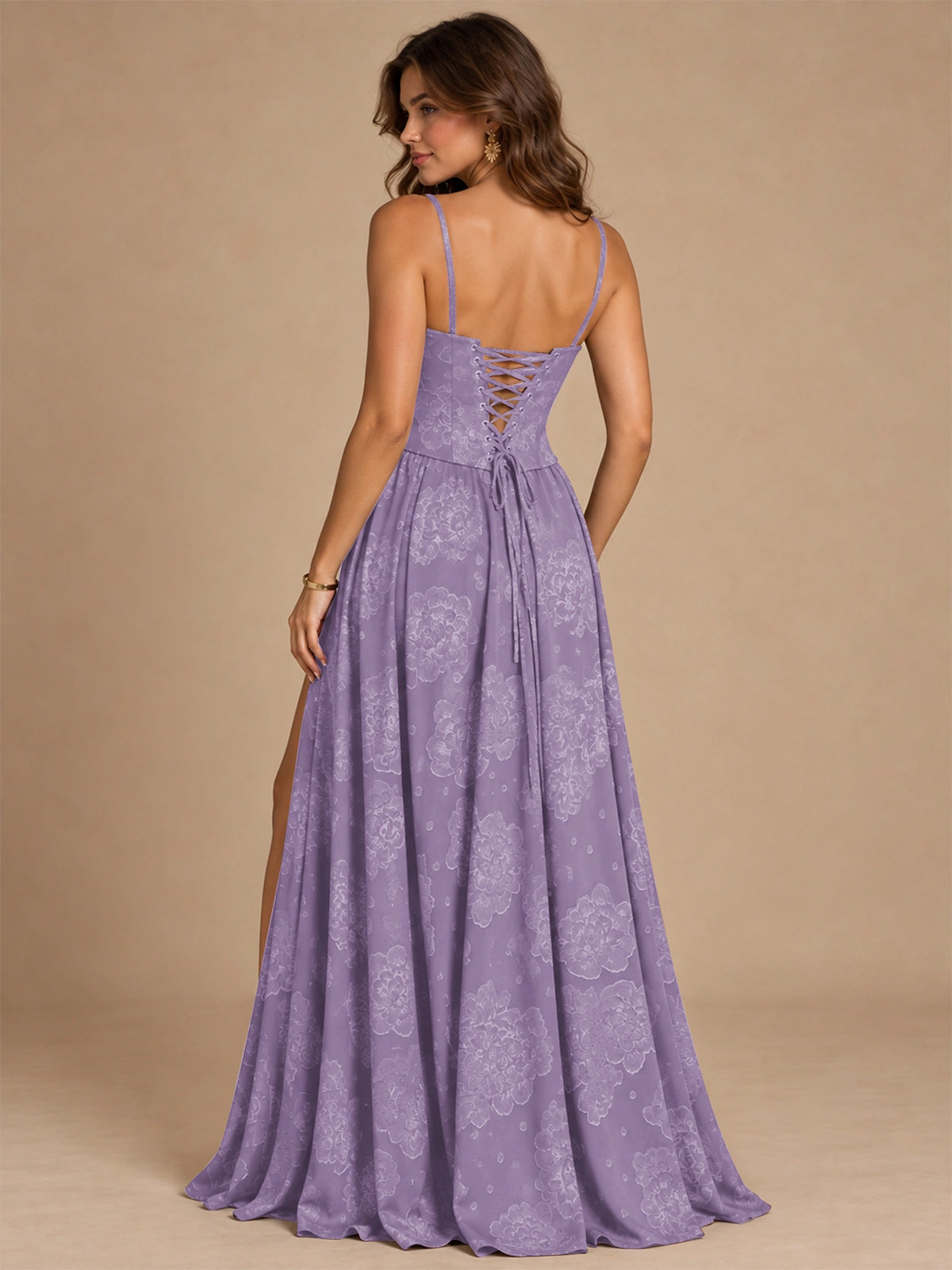 Chocolate Brown Floral Strapless Corset A-Line Evening Gown with Slit