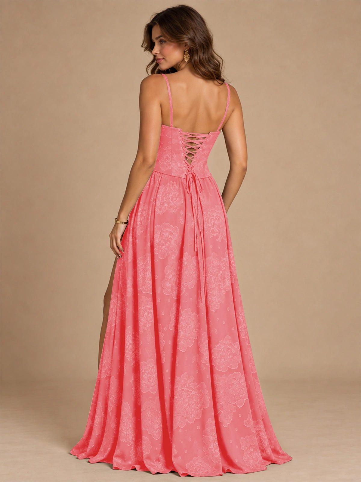 Chocolate Brown Floral Strapless Corset A-Line Evening Gown with Slit