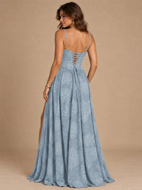 Chocolate Brown Floral Strapless Corset A-Line Evening Gown with Slit