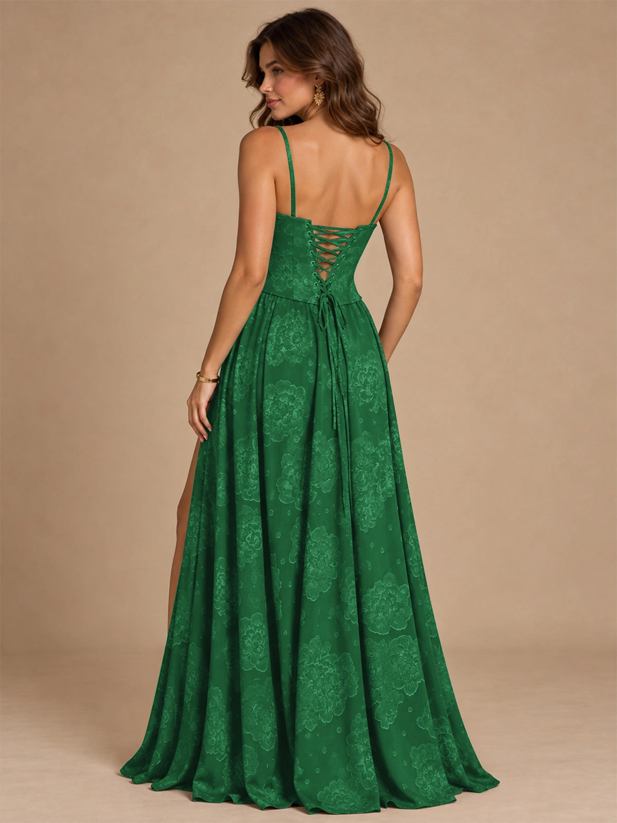 Chocolate Brown Floral Strapless Corset A-Line Evening Gown with Slit