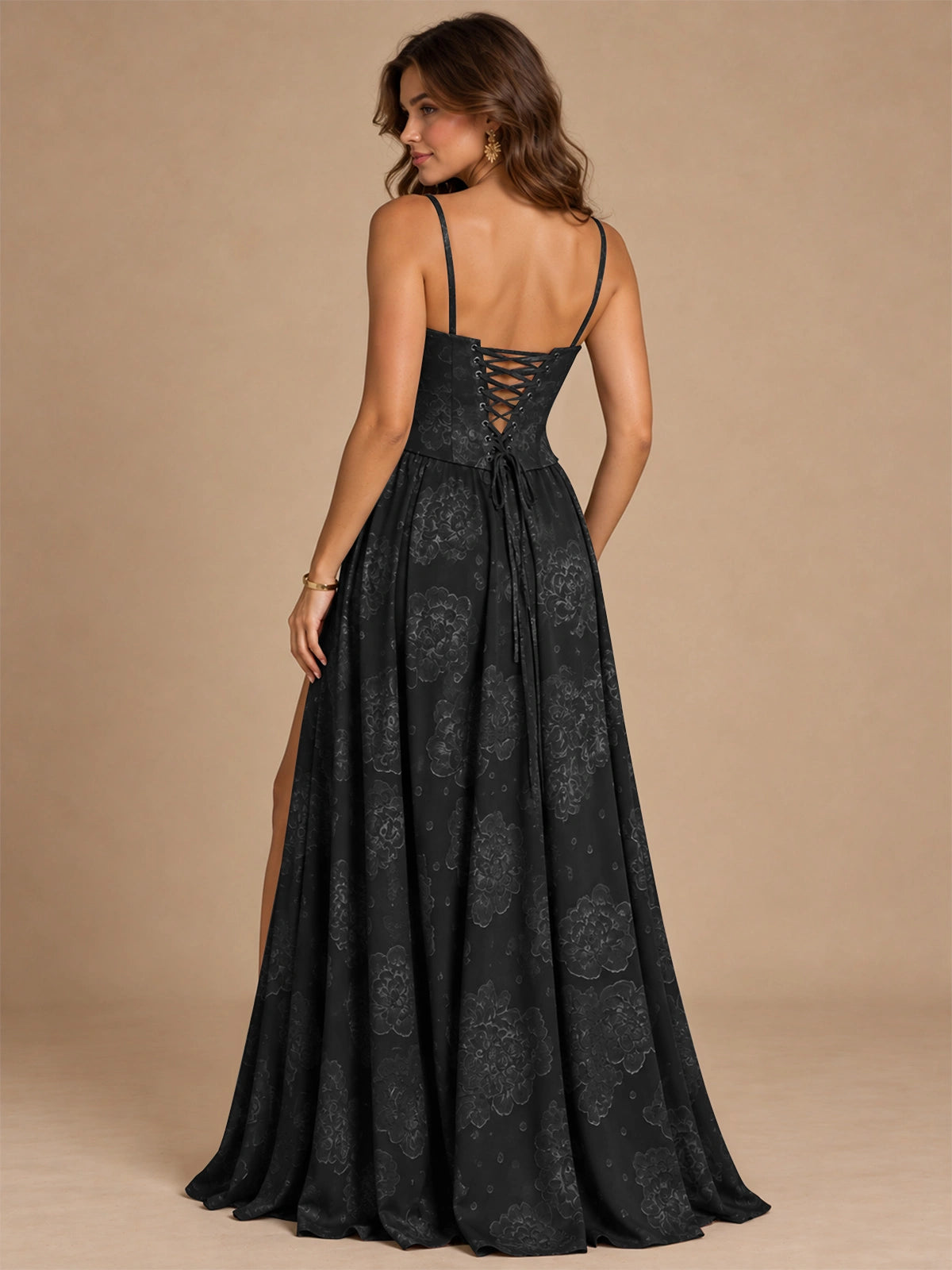Chocolate Brown Floral Strapless Corset A-Line Evening Gown with Slit