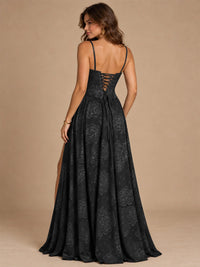 Chocolate Brown Floral Strapless Corset A-Line Evening Gown with Slit