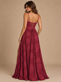 Chocolate Brown Floral Strapless Corset A-Line Evening Gown with Slit