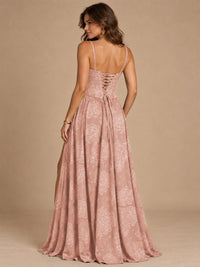 Chocolate Brown Floral Strapless Corset A-Line Evening Gown with Slit