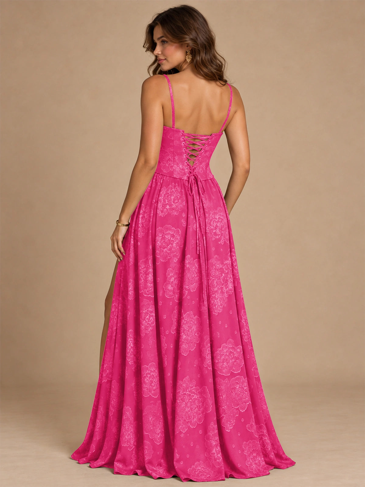 Chocolate Brown Floral Strapless Corset A-Line Evening Gown with Slit