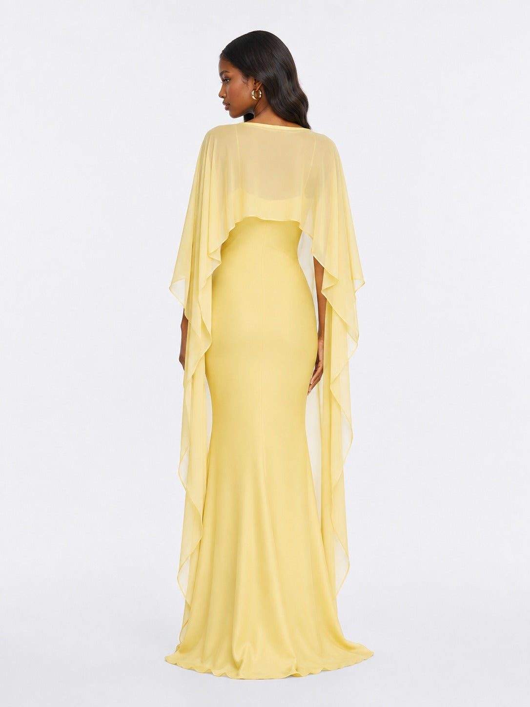 Back view of Jovellee butter yellow satin cape maxi dress