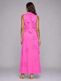 Back view of Jovellee hot pink 3D floral maxi dress
