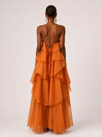 Back view of Jovellee orange chiffon halter maxi dress