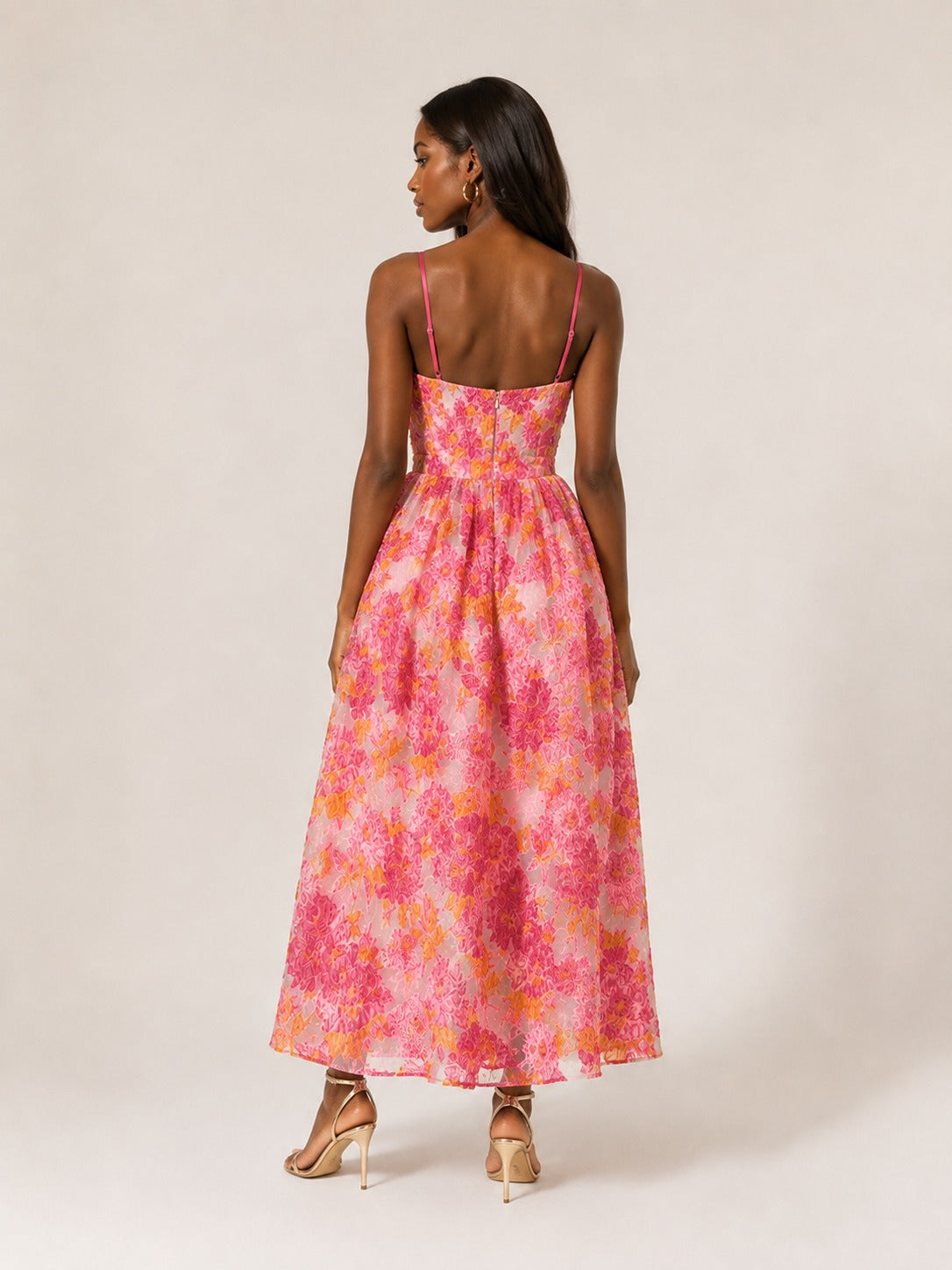 Back view of Jovellee pink floral jacquard midi dress