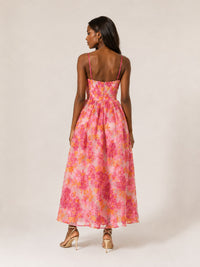Back view of Jovellee pink floral jacquard midi dress