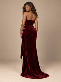 Back view of Jovellee's burgundy velvet strapless floor-length evening gown
