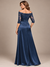 Back view of navy blue satin mother of the bride gown by Jovellee