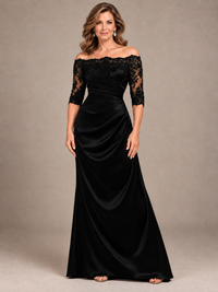 Navy Blue Satin Mother of the Bride Dress with Lace Sleeves Off Shoulder Formal Gown