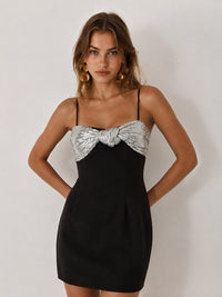 Black Bodycon Homecoming Mini Dress with Silver Sequin Bow