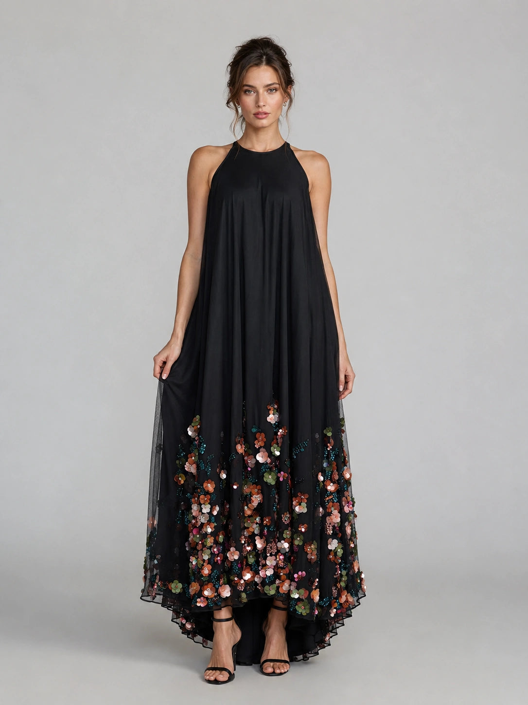 Black Floral Applique Halter Maxi Dress