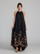 Black Floral Applique Halter Maxi Dress