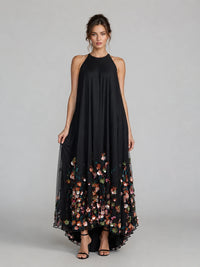 Black Floral Applique Halter Maxi Dress