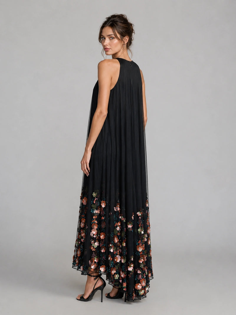Black Floral Applique Halter Maxi Dress