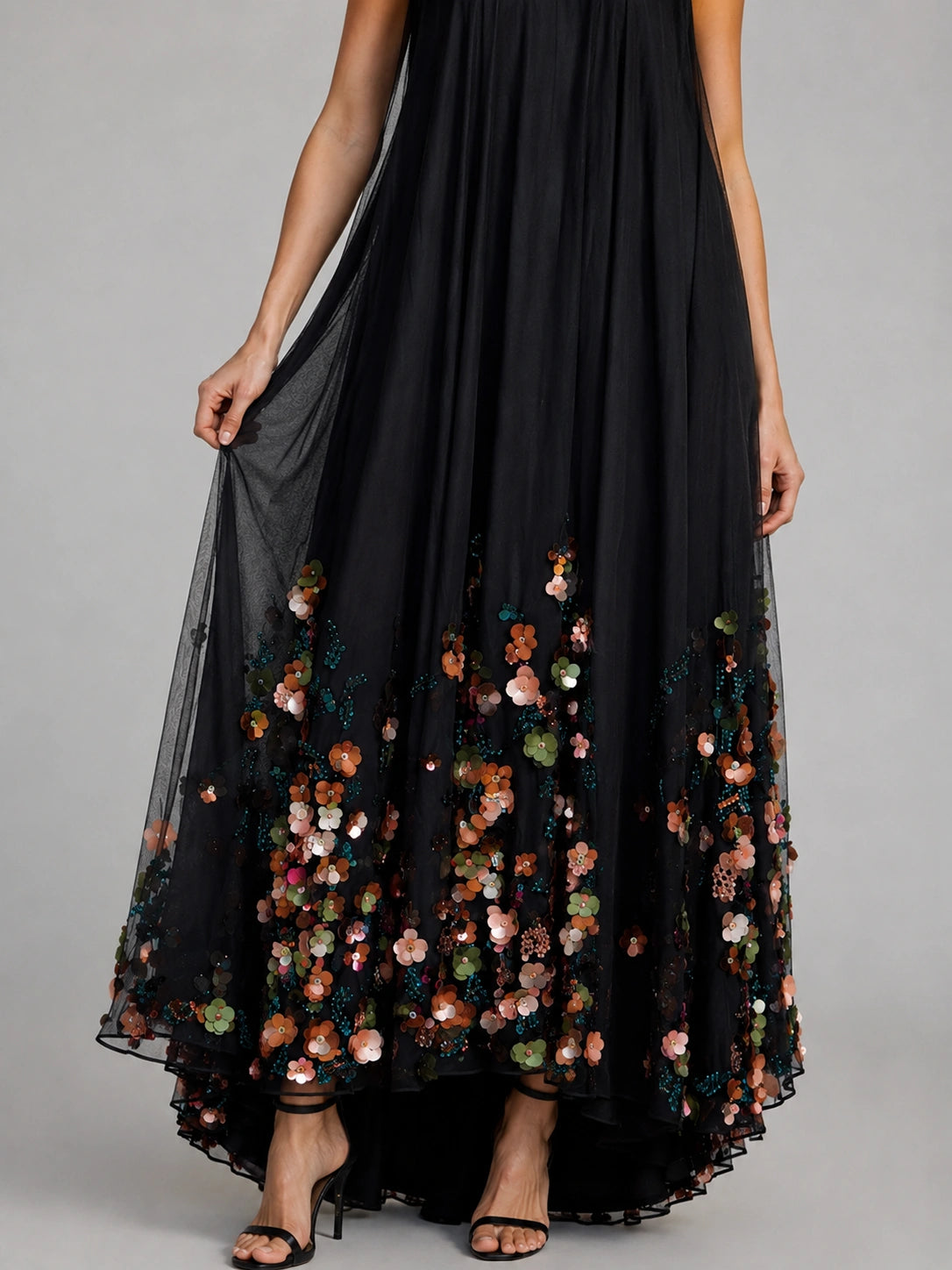 Black Floral Applique Halter Maxi Dress