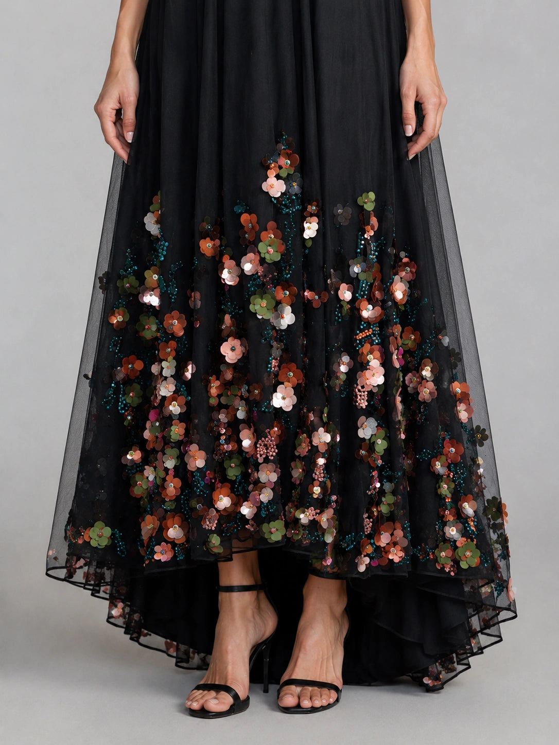 Black Floral Applique Halter Maxi Dress